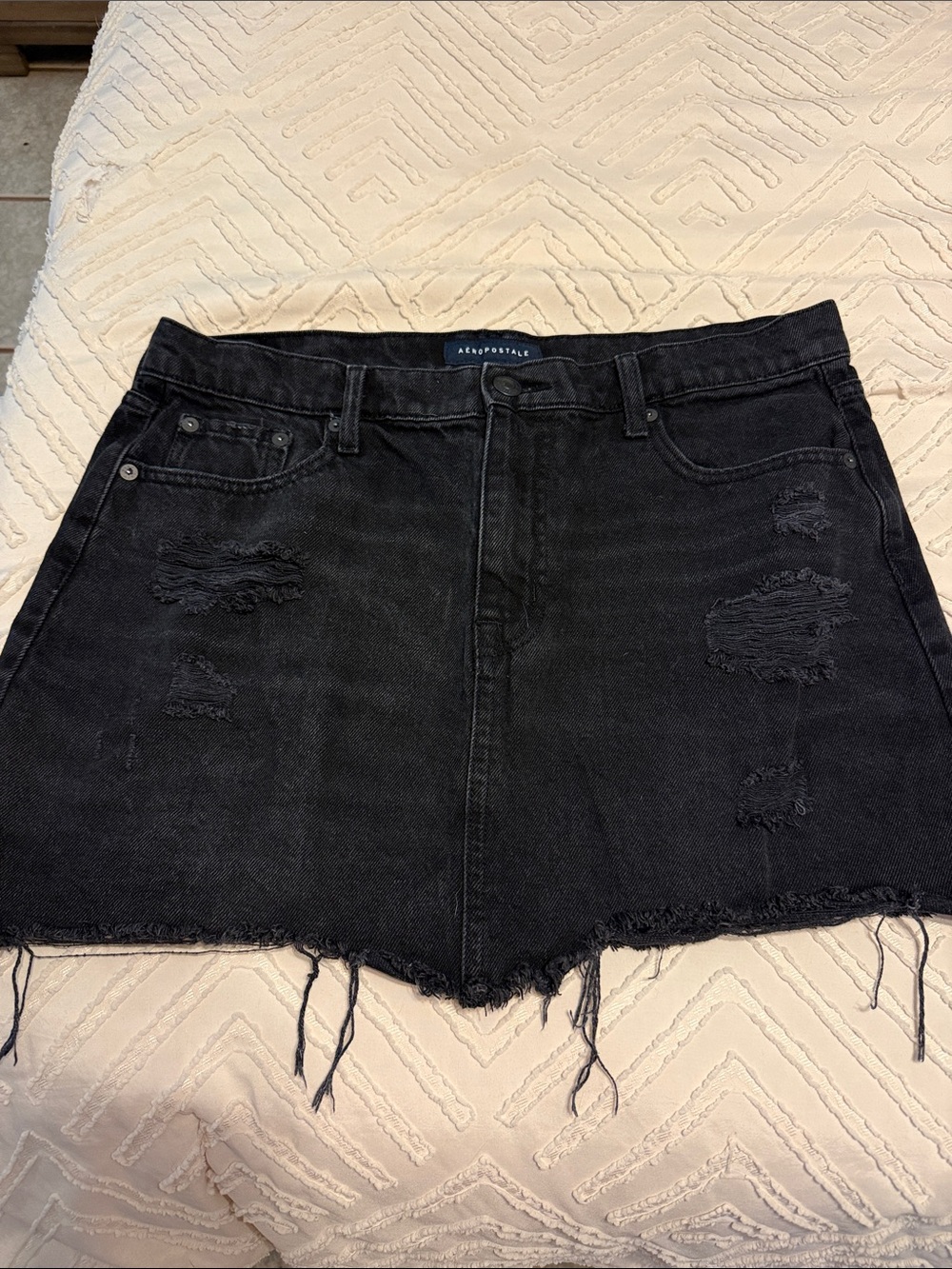 Aeropostale Black Distressed Denim Mini Skirt with Frayed Hem